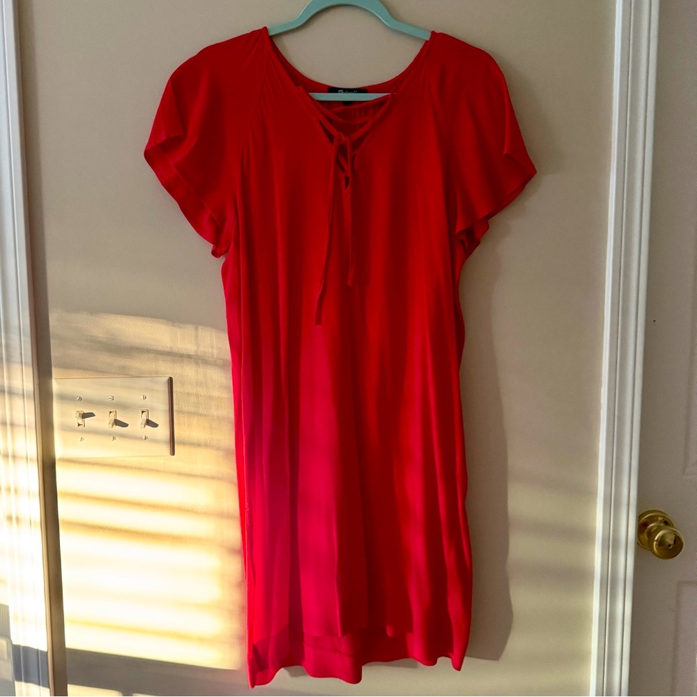 Madewell Womens Mini Dress Lace Up Front Flutter Sleeve Red Small G3056
